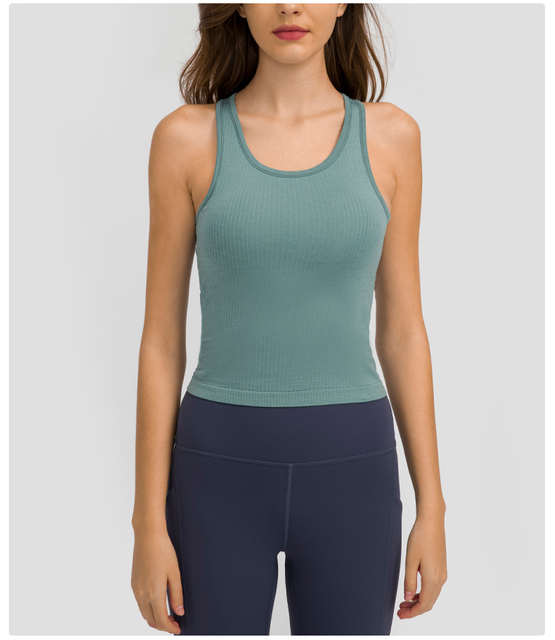 New Ribbed Racer back Tank Top with Built-in Bra Fitness Yoga Casual Sports Vest